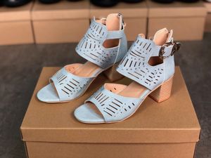 2021 Luxury high Heels Slides Sandals suede mid-heel designer Sexy with crystal Metal Buckle summer beach wedding shoes Size 35-43 NO15