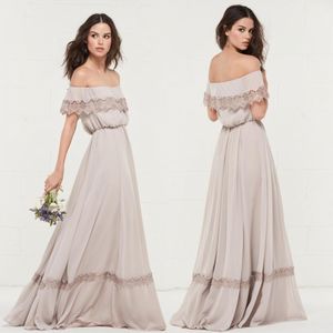 Stylish A Line Bohemian Bridesmaid Dresses spetsar från axeln strand bröllop gästklänning golvlängd chiffong piga av hedersklänningar 407