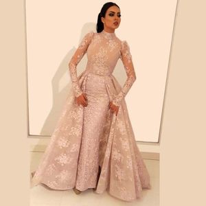 Elegant Arabic Lace Evening Dresses With Detachable Train High Neck Sequined Long Sleeves Prom Gowns Custom Made Plus Size Formal Dress 407