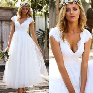 Tea Length V-neck Wedding Dresses With Short Sleeve Lace Tulle Country Wedding Dress Bridal Party Dress For Guest Custom Made