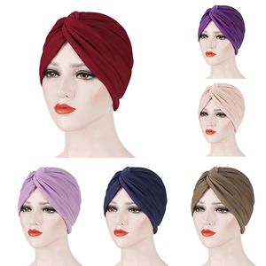 Muzułmańskie kobiety Indian Turban Chemo Cap Knot Cross Hair Loss Cover Beaie Bonnet Kapelusz Stretch Jersey Headwear Headwrap islam