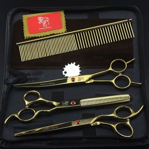 poetry kerry High-grade 7.0 inch 62HRC hardness 6CR golden electroplate stainless steel 3 hair scissors kit with comb