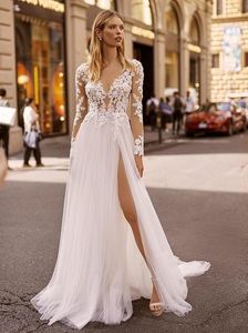 Suknie ślubne Berta Sheer Appliqued Long Rleeves koronkowe suknia ślubna bez pleców Wysoka podzielona szorstka szaty