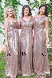 2024 Seksowne różowe złoto druhna cekinowa koronkowa V Szyja One ramię długie sukienki Plus Size Maid of Honor na ślubne sukienki dla gości 403