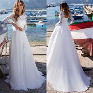 Szyfonowa Linia Bohemia Suknie ślubne 2020 Długie Rękawy Tulle Lace Aplikacja Imperium Zroszony Plaża Suknie Ślubne Bridal Robe de Mariée