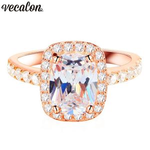 Vecalon Office Lady Finger Jewelry 925スターリングシルバーリングクッションカット5AジルコンCZパーティーウェディングバンドリング女性ギフト