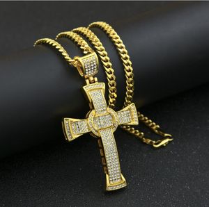 Men's Hip Hop Cross Pendant Necklace with 70cm Curban Chain, Copper Iced Out Cubic Zirconia Bling Jewelry for Men and Women