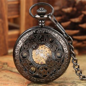 Steampunk Vintage Black Pocket Watch Men Women Hand-winding Mechanical Watches Hollow Out Case with Pendant Chain reloj de bolsillo