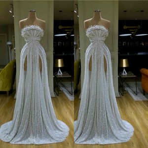 2020 Glitter Luxury Evening Dresses Sexig Strapless High Split Sequined Beaded Prom Klänning Ärmlös Sweep Train Custom Madeparty Gown