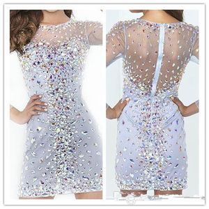 Bling Bling Beaded Crystal Rhinestones Short Cocktail Party Dresses With Long Sleeves Above Knee Crew Neck Blue Mini See Though Prom Gowns