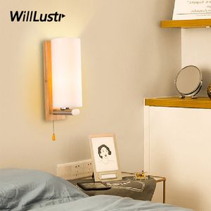 Modern Real Wood Wall Lamp Milk White Glass Sconce Hotel Restaurant Porch Aisle Living Room Bedside Creative Wooden Light