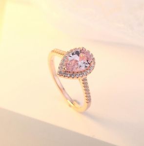 das mulheres de diamante cheio europeus e americanos rosa zircão pó de cristal anel banquete em forma de pêra banhado a ouro