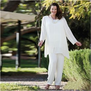 3 pezzi tailleur pantalone da sera da donna in chiffon bianco taglie forti tailleur pantalone per la madre della sposa madre signora abiti da sposa ospite di nozze Sui270q