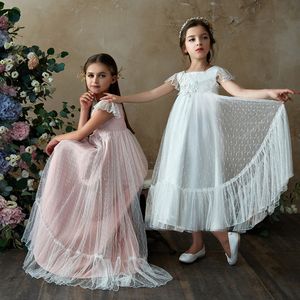 Французское кружевное платье для девочек-цветочниц 2019 длины линии по щиколотку Белое платье 1-го причастия для маленькой девочки с маленькими рукавами и розовым квадратом