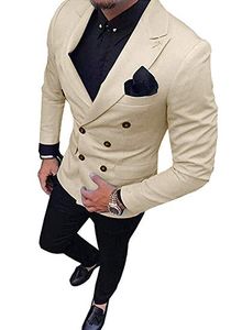 Double-Breasted Bege Noivo Smoking Pico Lapela Men Ternos 2 peças de Casamento / Baile / Jantar Blazer (Jacket + Pants + Tie) W828