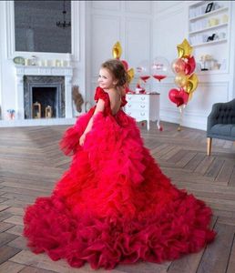 2020 New Design Lovely Red Flower Girls Dresses For Weddings Jewel Neck Tiered Ruffles Sweep Train Birthday Girl Communion Pageant246Q