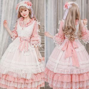 Różowy Cute Lolit Suknie Wieczorowe Klejnot Z Długim Rękawem Bow Appliqued Lace Prom Suknia Zmęczona Tulle Satin Sweep Pociąg Custom Made Party Gown Gorąca Sprzedaż