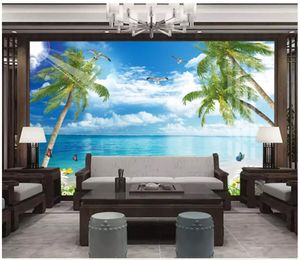 3D写真の壁紙カスタム3D壁の壁紙の壁紙愛の海の風景シーココナッツツリービーチ背景壁絵画パペルデパーテ