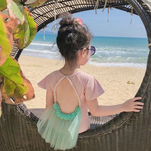 Ins crianças meninas princesa swimwear verão pérola oca out back flor tulle feriado terno banhos de banho crianças c6288