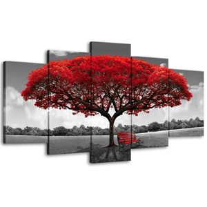 Rot Lackierte Leinwand großhandel-Amosi Art Panels Roter Baum Leinwand Malerei Wandkunst Landschaft Kunstwerk Drucke Für Wohnzimmer Schlafzimmer Wohnkultur Holzrahmen bereit zum Hängen