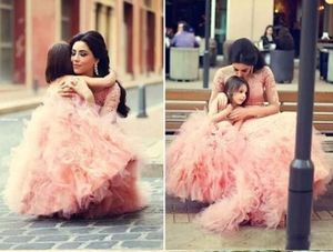 Pink Puffy Flower Girls Dresses For Weddings Illusion Jewel Lace Applique Tiered Ruffles Ball Gown Birthday Children Girl Pageant Gowns