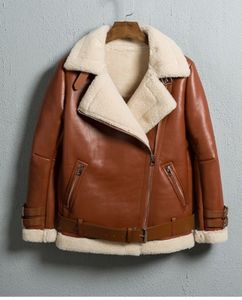 Fashion-Women Leather jacket Profile lambs wool convertable fur collar washed leather Coat