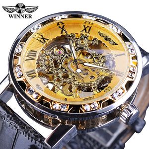 Zwycięzca czarny złoty Retro świetliste dłonie moda diamentowy wyświetlacz męskie mechaniczne zegarki szkieletowe Top marka luksusowy zegar + pudełko na zegarek