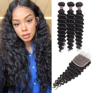 IShow Deep Wave Kinky Curly Wefts Human Hair Bunds With Stängning Brasilianska Virgin Hair Weaves Extensions for Women alla åldrarna 8-28 tum jet svart grossist