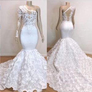 White One Shoulder Prom Dresses Lace Appliques Illusion Long Sleeves Sexy Back Women Party Gowns Sweep Train Satin Formal Evening Dresses