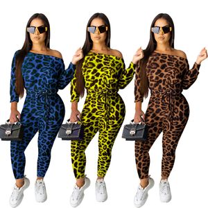 Women off shoulder leopard Jumpsuit Pants Club Sexy Casual print One shoulder long sleeve Party Ladies Rompers playsuit LJJA3016