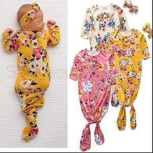 眠っている寝袋ヘッドバンドセット花の花反キック服ロンパース新生児半袖結び付きパジャマセットホームウェアスリーウェアB7005