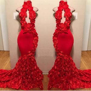 2019 Kırmızı Mermaid Gelinlik Yüksek Boyun Keyhole Çiçekler Ruffles Gül Abiye giyim Artı Boyutu Parti Elbise Cooktail Pageant kıyafeti