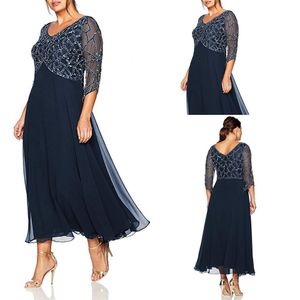 Elegant V Neck Lace Mother Of The Bride Dresses Long Sleeves Beaded Sequins Top Ankle Length Plus Size Mother ' s Party Dresses