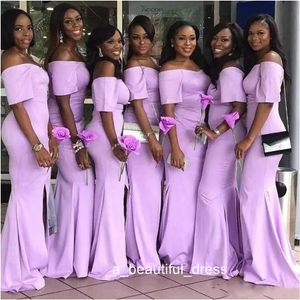 Off the Shoulder African Lavender Mermaid Bridesmaid Dresses with Short Sleeves Elastic Satin Sweep Train Cheap Wedding Guest Dresses