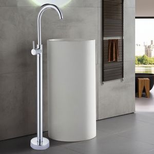 Heller Chrom-Bodenständer-Wasserhahn, Einhand-Badezimmer-Waschbecken-Mischbatterie, heißes und kaltes Wasser, Messing, goldene Badewanne, Waschbecken-Wasserhahn