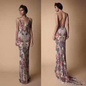 Embroidery Luxury Mermaid Dresses Evening Wear Backless Sheer Plunging Neckline Crystal Evening Gowns 2019 New Arrival Berta Prom Dress