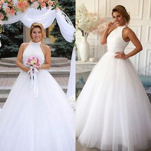 Gorgeous Pearls Beaded A-line Wedding Dresses Halter Neck Sleeveless Cut Out Open Back Tulle Skirt Floor Length Bridal Gowns