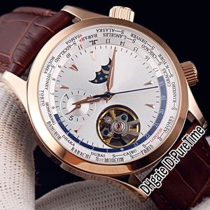 Master Control World Geographic Q1522420 Розовое золото Серебряный циферблат Moon Phase Tourbillon Автоматические мужские часы Коричневые кожаные часы Puretime 3b