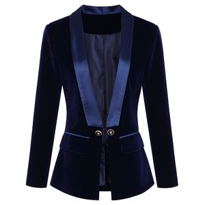 2021 Fall Höst Långärmad Lapel Neck Svart / Blå Solid Färg Velour Satin Paneled Slim Blazers Elegant Top Quality Outwear Coats 21O13857