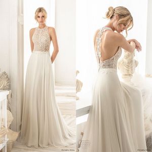 Newest A Line Bohemian Dresses Halter Sleeveless Lace Chiffon Applique Crystal Wedding Gowns Sweep Train robe de mariée