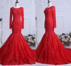 Red Long Sleeve Lace Mermaid Prom Dresses Adult 2020 Round Neckline See Though Back Sweep Train Evening Gowns Party Formal Dress Women Long