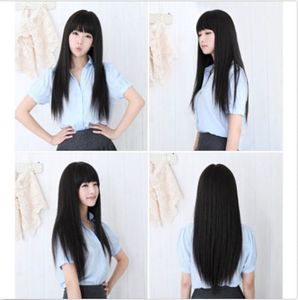 WomenWomNew Parrucca da donna lunga sintetica nera dritta naturale per capelli parrucche piene con frangia