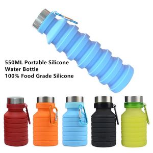 550ml 19oz 개폐식 실리콘 물병 접이식 BPA 무료 음주 컵 누출 증명 스포츠 텀블러 머그잔 카라비너와 함께 여행 캠핑 하이킹