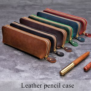 Handgjorda äkta läderpennpåsar Vintage Retro Cowhide dragkedja blyertsfodral påse Glasögon Kontor Stationer förvaringsväska