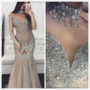 Aso ebi arabiska dubai lyxiga sexiga sjöjungfrun prom klänningar hög juvel nacke pärlstav kristaller kväll klänningar illusion formella party kappor vestidos