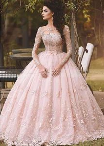 Vestidos 2018 бальное Blush Pink Lace Quinceanera платье с длинными рукавами Boat Neck 3D Flora Princess Свадебные платья арабский Дубай платья партии