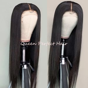 Perucas frontais de renda sintéticas retas resistentes ao calor para mulheres negras linha fina natural cabelo humano parte profunda 150% densidade perucas 24 polegadas