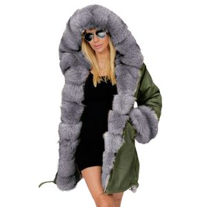 婦人冬のカジュアル厚さのフィッシュテール長袖オーバーコートのファックスファーフード付きプラスサイズパーカージャケットコートサイズS-2XL