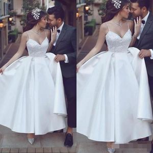 Spaghetti Straps Sexy Dresses Ankle Length Beaded Crystals Satin Boho Wedding Gown Custom Made Robe De Mariee