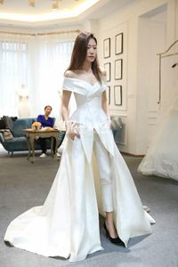 Prom Modest Ivory Dresses Sexy Off the Shoulder Satin Ruched Slit Jumpsuit Custom Made Plus Size Formal Evening Wear